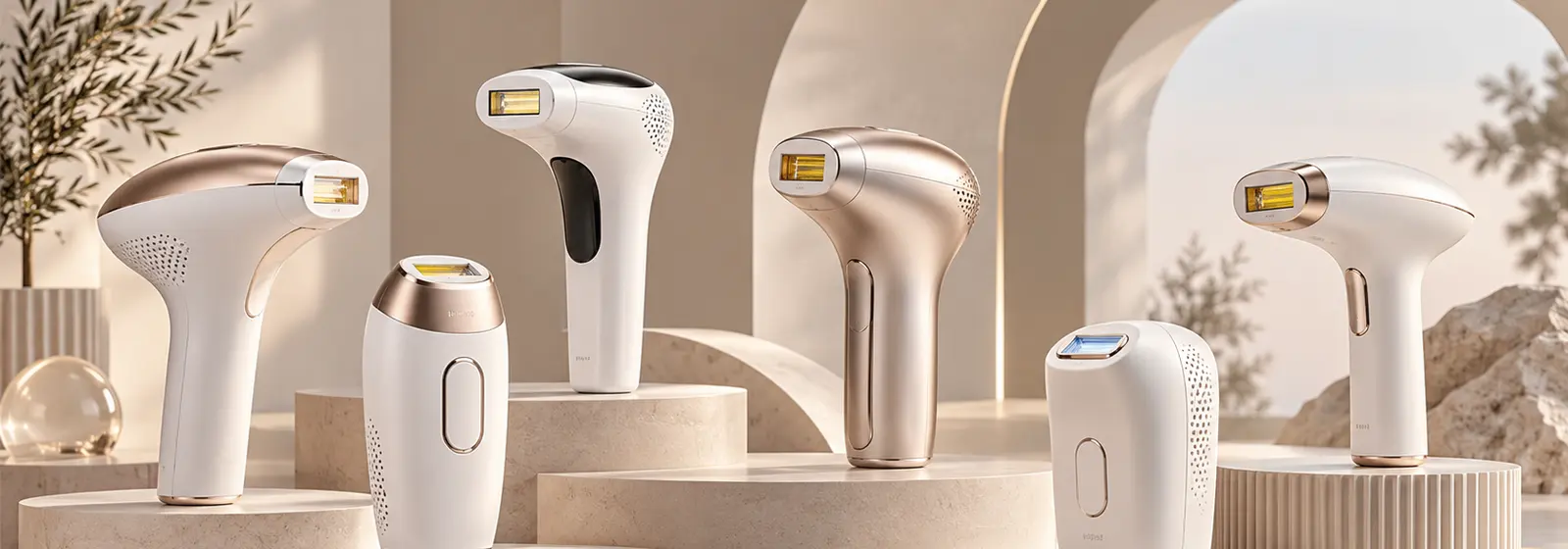 Varias depiladoras IPL de luz pulsada expuestas sobre peanas